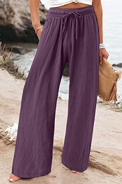 Pantalones casuales de playa de lino y algodón con cordón y pierna ancha