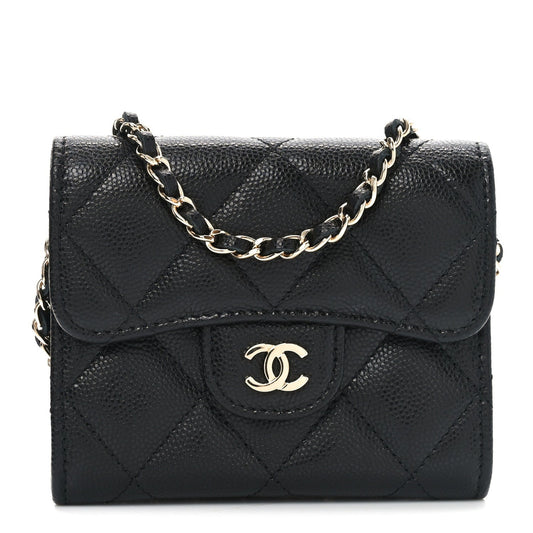 Caviar Quilted Flap Card Holder On Chain Black