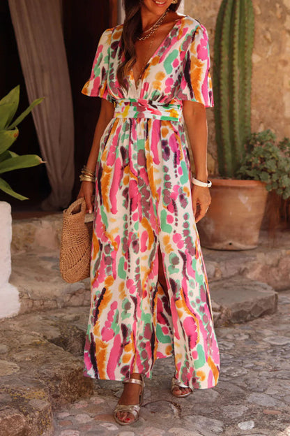 Vestido largo bohemio con cuello en V y estampado tie-dye