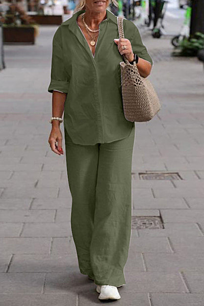 Conjunto de dos piezas: camisa de manga larga con solapa y pantalón ancho de color liso informal