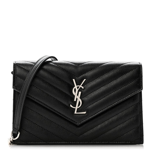Grain De Poudre Matelasse Chevron Monogram Envelope Chain Wallet Black