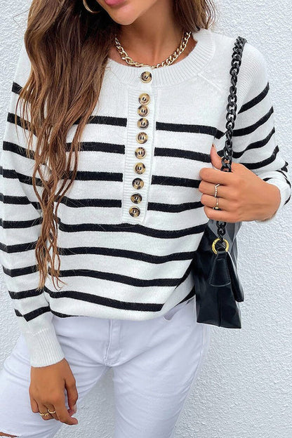 Women¡¯s Crew Neck Button Raglan Sleeves Striped Sweater