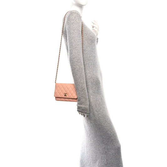 Lambskin Quilted CC Pearl Crush Wallet on Chain WOC Light Orange