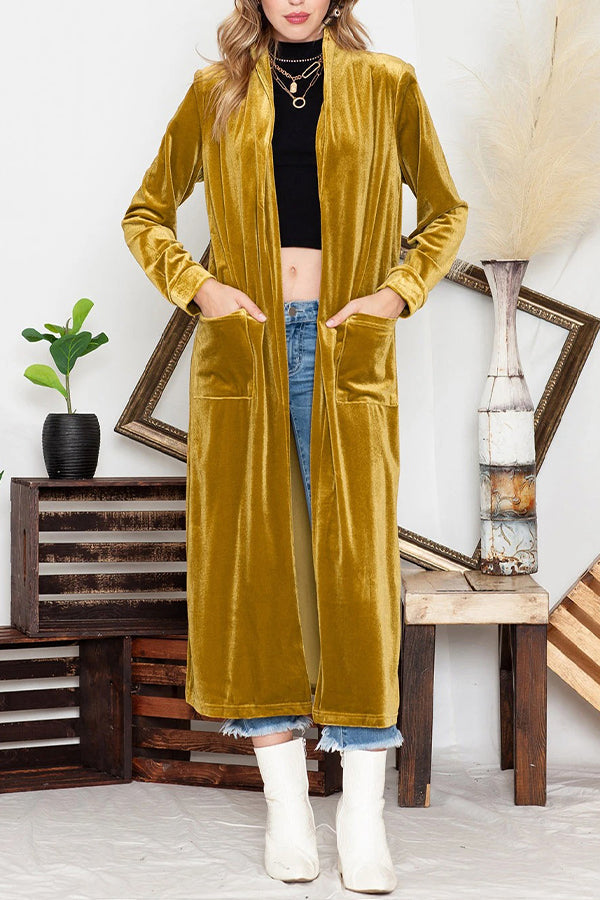 Cárdigan largo elegante de terciopelo amarillo con bolsillo frontal abierto