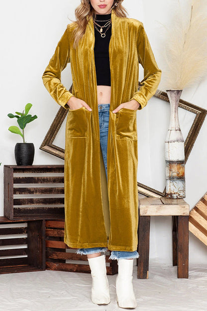 Cárdigan largo elegante de terciopelo amarillo con bolsillo frontal abierto