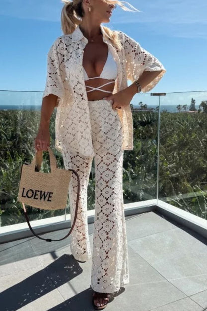 Conjunto de camisa de manga corta con encaje y pantalones anchos con cintura elástica y flores de crochet para las fiestas