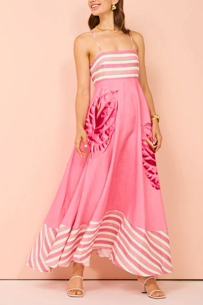 Vestido largo camisola con estampado floral y rayas sin espalda