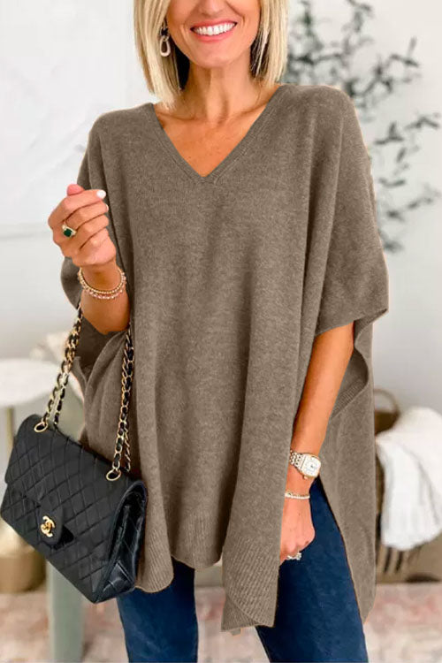 Suéter tipo poncho holgado de color liso con cuello en V más elegante