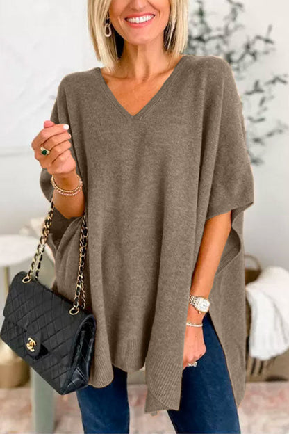 Suéter tipo poncho holgado de color liso con cuello en V más elegante
