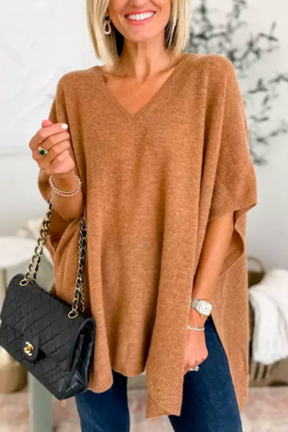 Suéter tipo poncho holgado de color liso con cuello en V