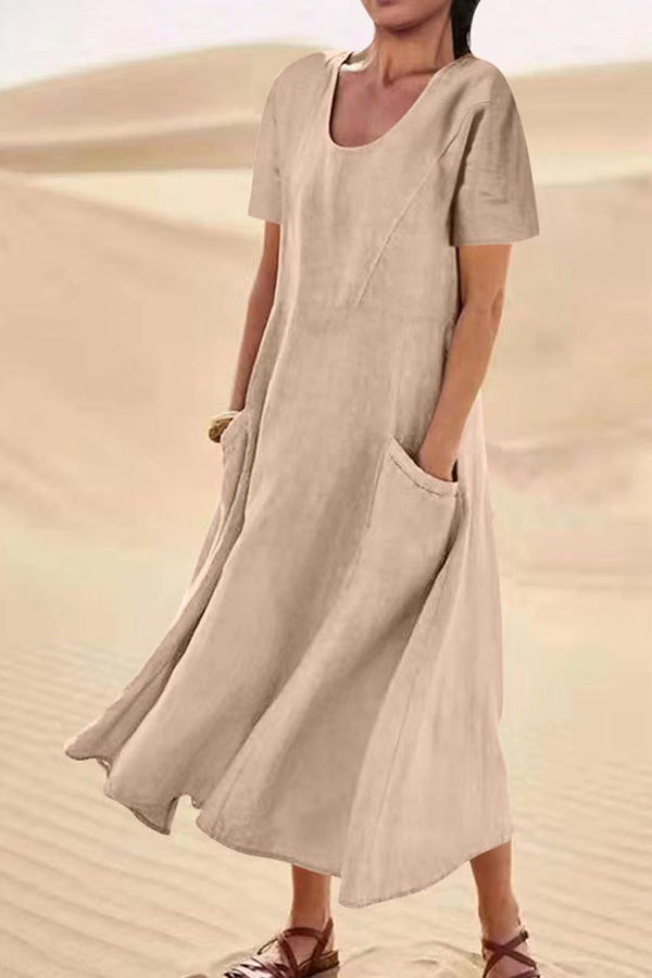 Vestido holgado informal de lino y algodón de color liso con bolsillos
