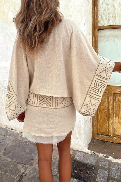 Blusa holgada con mangas dolman y estampado étnico de mezcla de lino Cierra