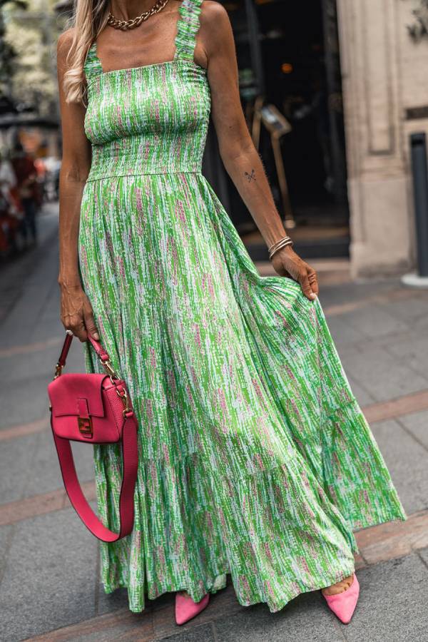 Falda francesa verde sin mangas con tirantes florales