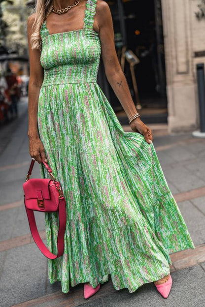 Falda francesa verde sin mangas con tirantes florales