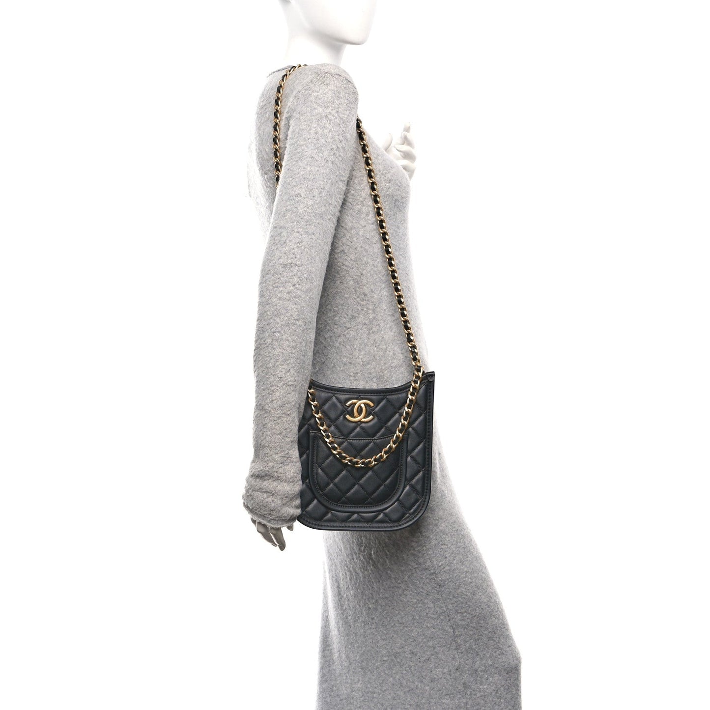 Calfskin Quilted CC Hobo Handbag Black
