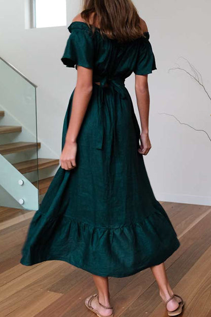 VESTIDO MIDI CON HOMBROS DESCUBIERTOS Y BORDES CON VOLANTES