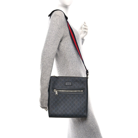 GG Supreme Monogram Appia Calfskin Web Flat Messenger Bag Black Grey