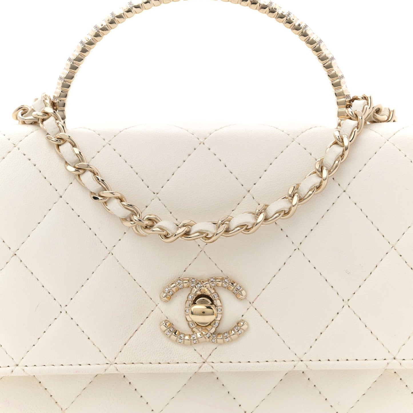 Lambskin Quilted Crystal Top Handle Rectangular Flap White