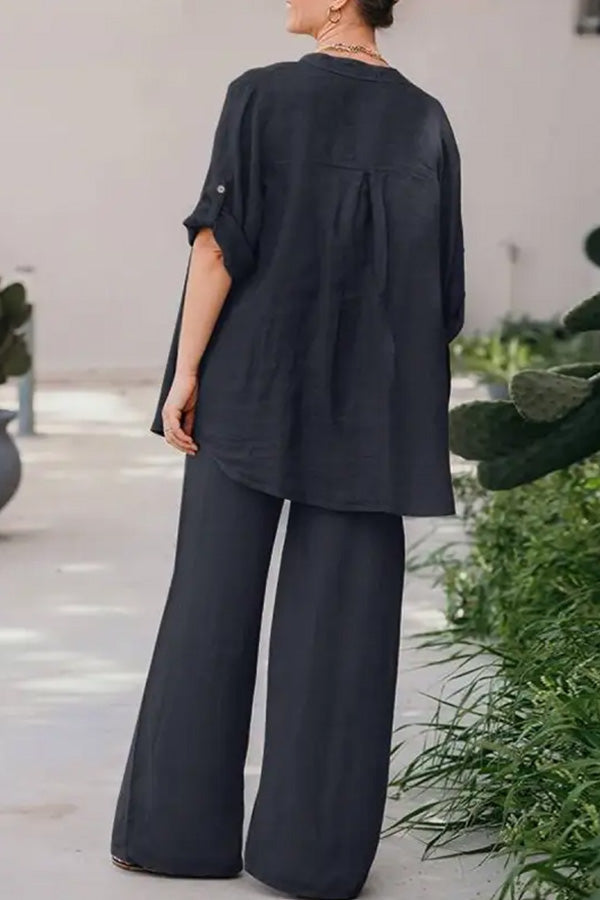 Conjunto de camisa y pantalón de color liso holgado informal