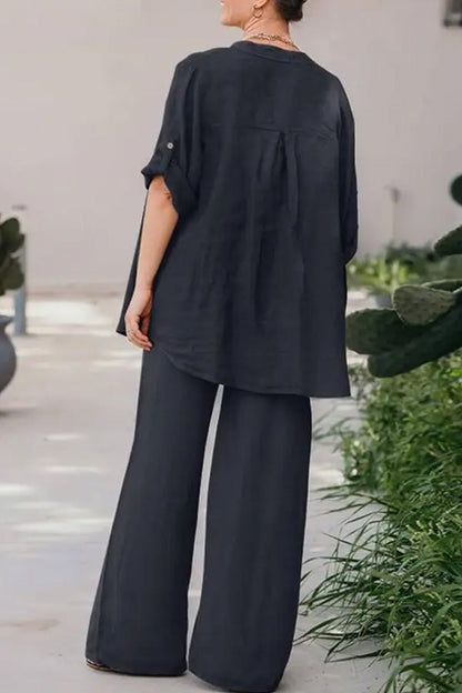 Conjunto de camisa y pantalón de color liso holgado informal