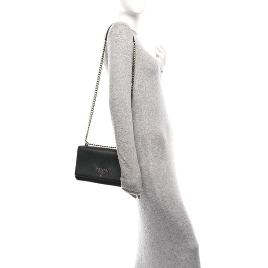 Saffiano Tessuto Nylon Chain Shoulder Bag Black