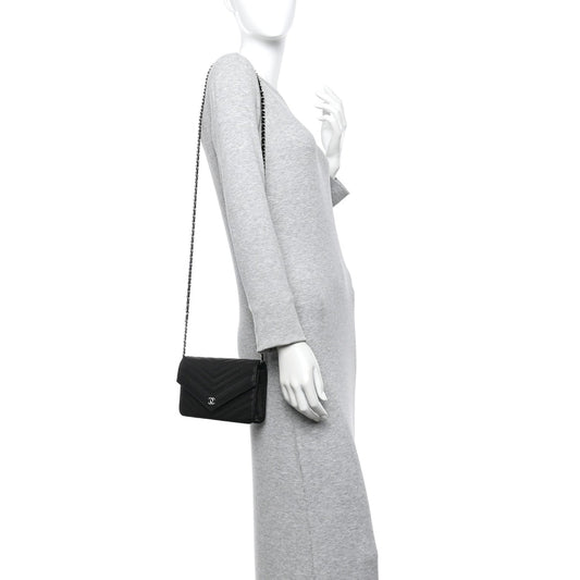 Goatskin Chevron Quilted Statement Wallet On Chain WOC Black