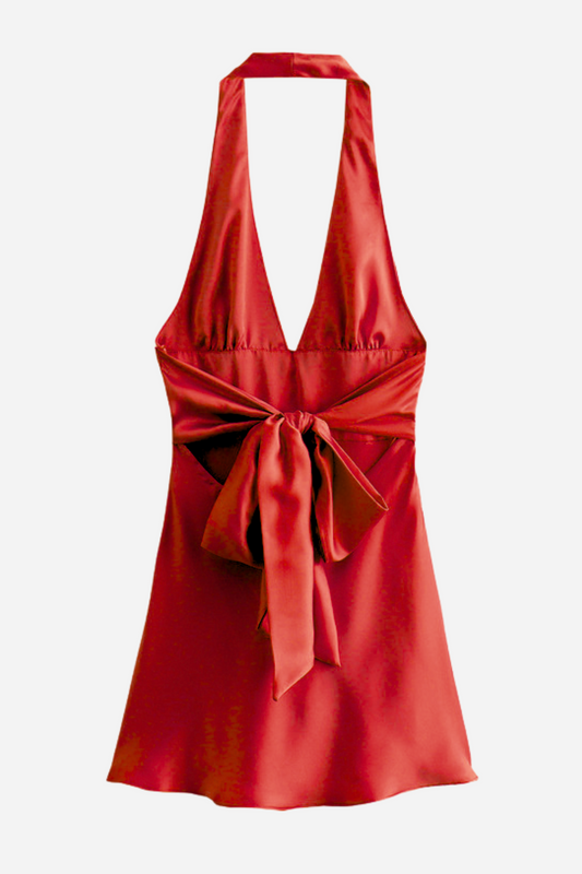Vestido mini de satén con lazo grande y cuello halter Evelyn 