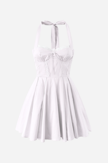 Vestido corto Esther con cuello halter, cordones y volantes en el dobladillo 