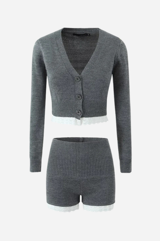 Conjunto de cárdigan y pantalón de punto con dobladillo de encaje Susie 