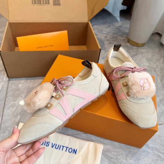 LV Sneakerina Light Khaki Pink Suede Fur 579934