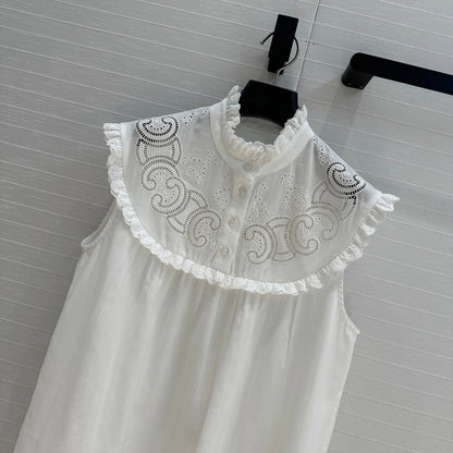 Celine 25 Lace Sleeveless Shirt White Cotton