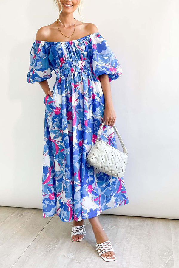 Elegante vestido largo con cuello cuadrado y mangas abullonadas estampadas 