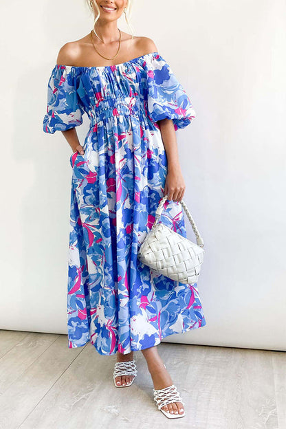Elegante vestido largo con cuello cuadrado y mangas abullonadas estampadas 