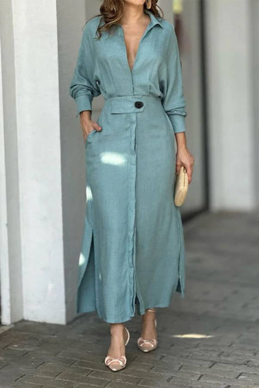 Vestido camisero irregular de manga larga con cintura alta