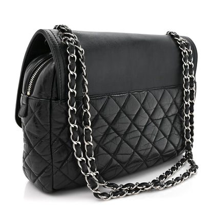 Aged Calfskin Quilted Easy Zip Flap Bag Black