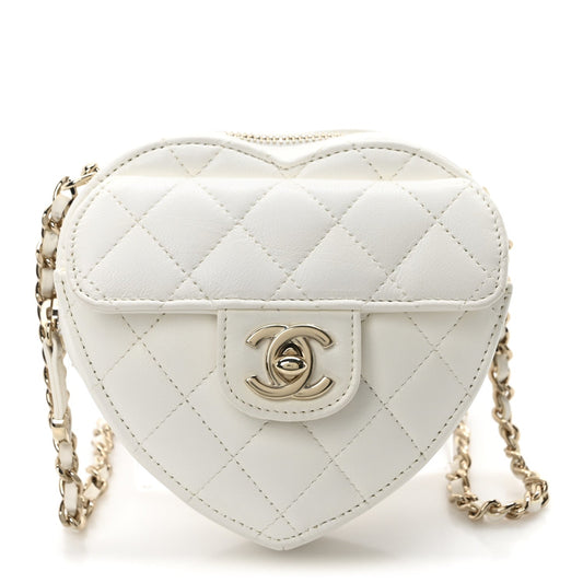 Lambskin Quilted CC In Love Heart Clutch With Chain White
