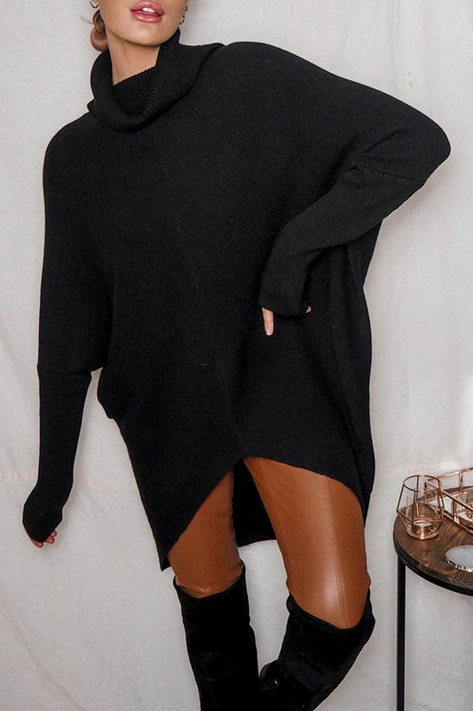 Suéter holgado midi de cuello alto con dobladillo alto y bajo, perfecto para paseos invernales