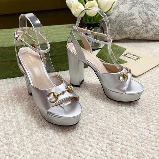 Horsebit 11cm Platform Sandal Silver Metalic Calfskin