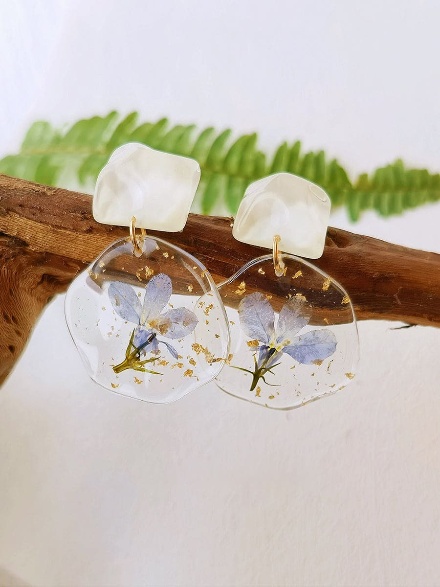 Pendientes de flores prensadas - Epoxy Vintage Azul Romántico 