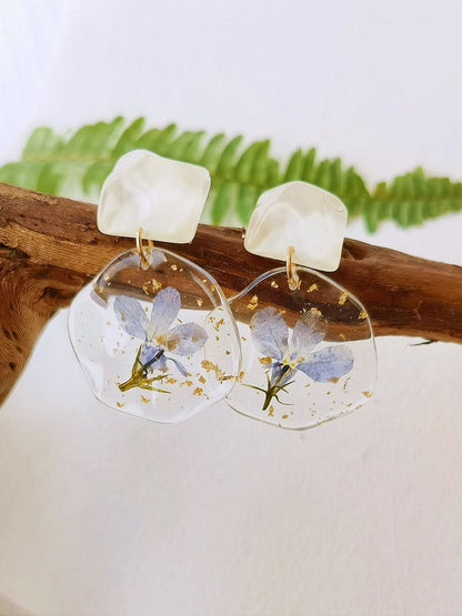 Pendientes de flores prensadas - Epoxy Vintage Azul Romántico 