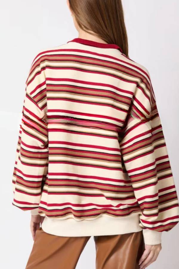 Sudadera informal holgada de manga larga con solapa a rayas 