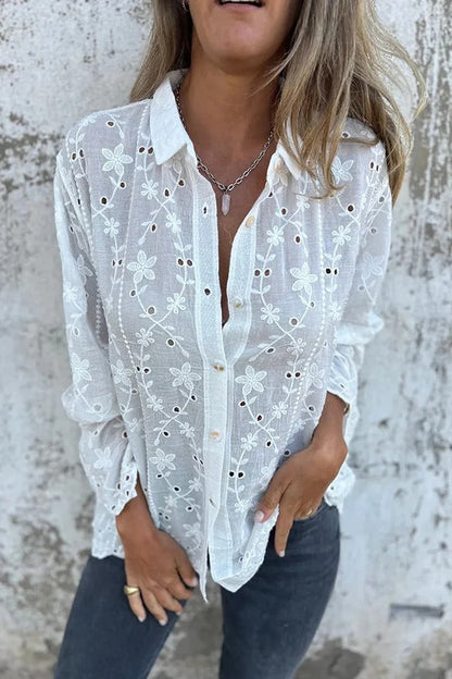 Camisa informal de manga larga con solapa y bordado de plantas