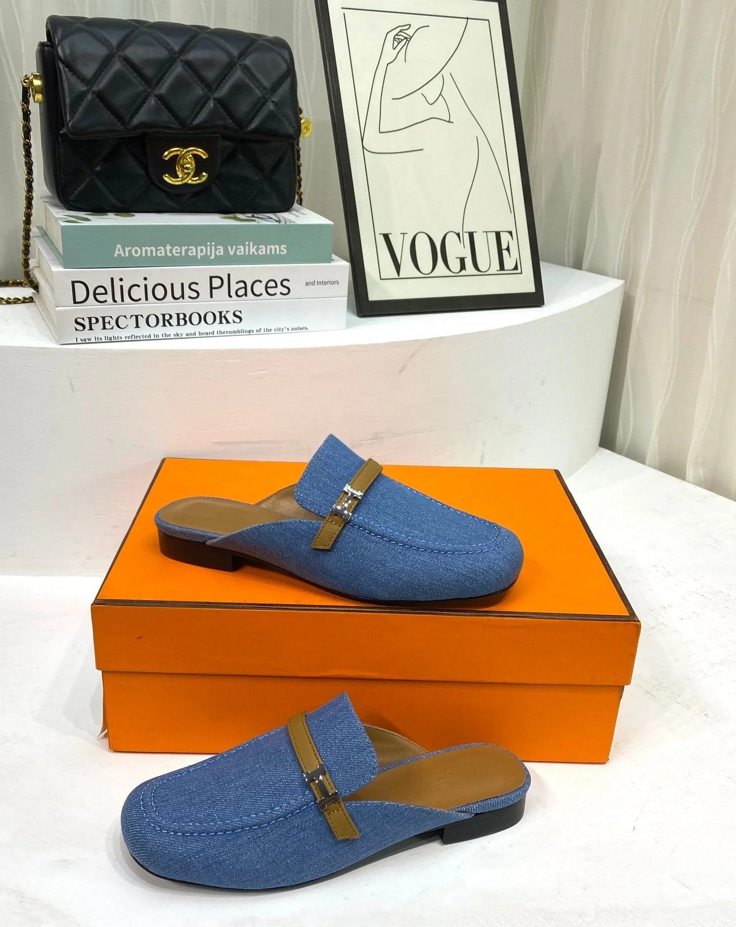 IENA MULE LAPIS CANVAS AND CARAMEL CALFSKIN