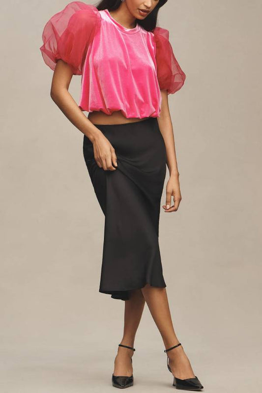 Blusa holgada de tul y terciopelo con mangas abullonadas Blissful Smile
