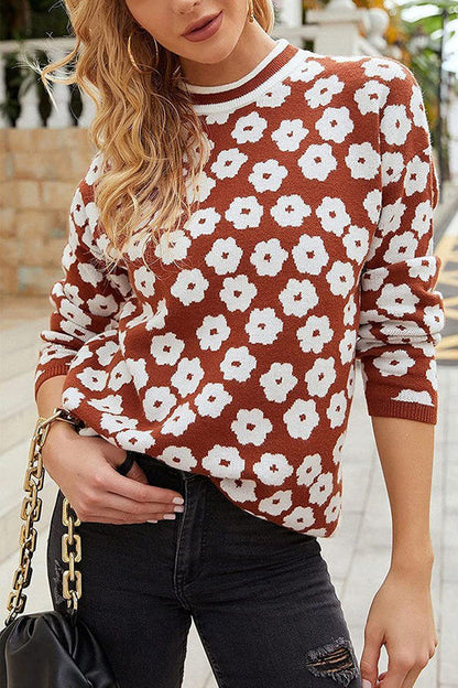 Suéter de punto con estampado floral y cuello alto, suéter ligero con bloques de color
