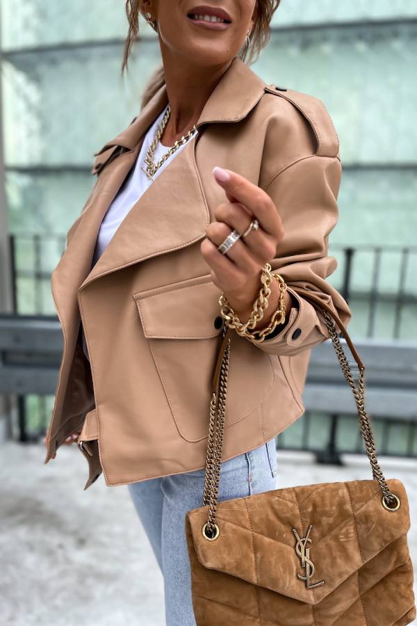 Chaqueta corta de cuero estilo británico con bolsillo de solapa