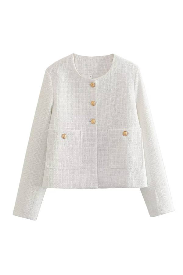 Chaqueta de botones con cuello redondo, corte entallado y bloques de color para mujer 
