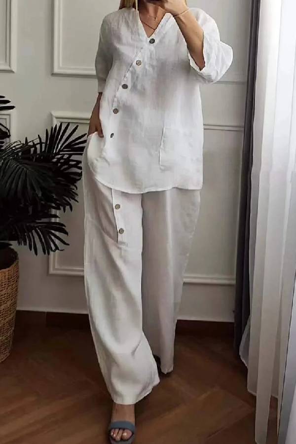 Conjunto de dos piezas de top corto y pantalón ancho de algodón y lino en color liso