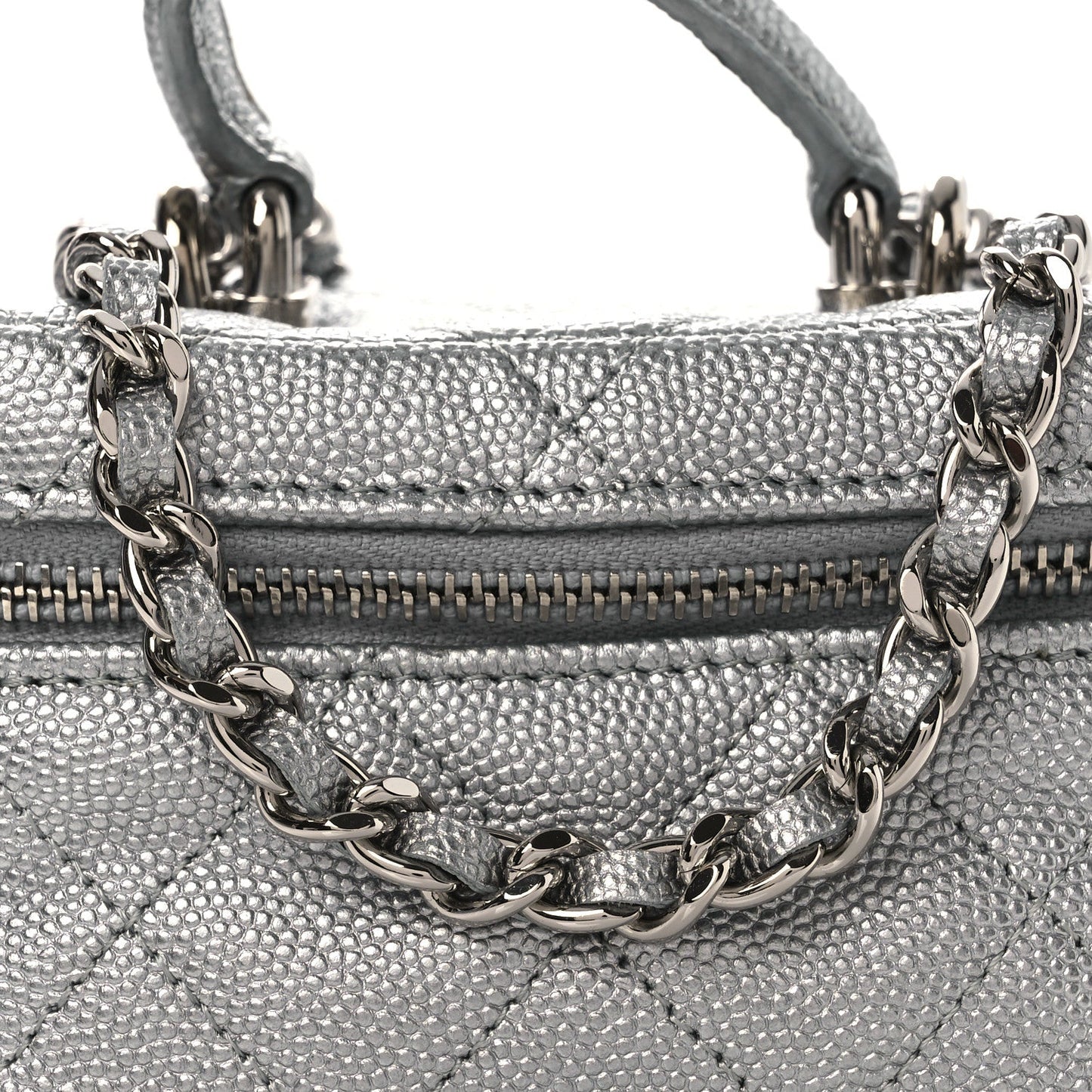 Metallic Caviar Quilted Mini Top Handle Vanity With Chain Silver