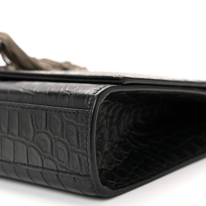 Calfskin Crocodile Embossed Medium Classic Monogram Kate Tassel Satchel Black
